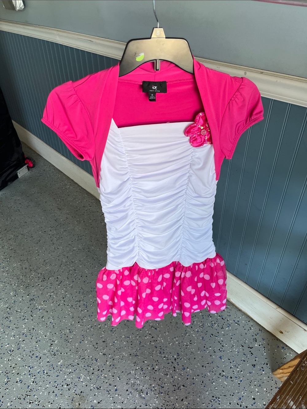 Girls White Ruched Dress with Hot Pink Bolero & Polka Dot Hem